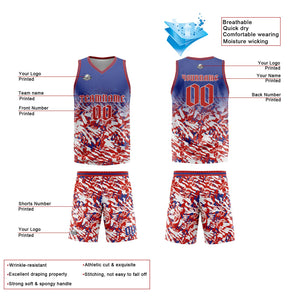 Uniforme de baloncesto personalizado azul-rojo y blanco con tu logotipo-nombre y número impresos