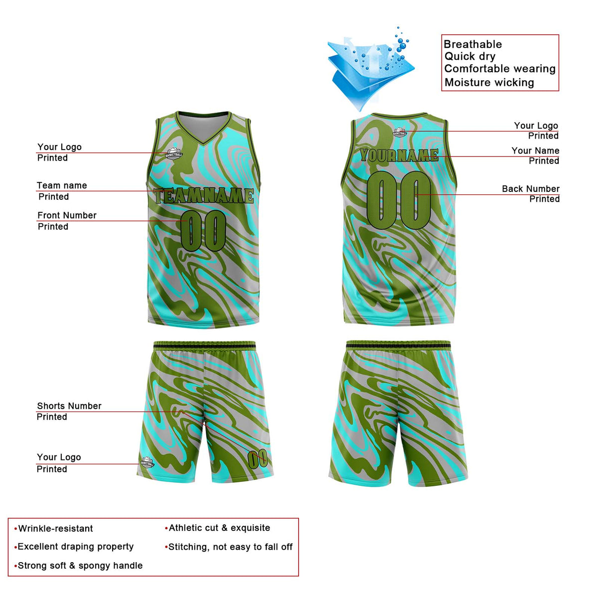 Uniforme de baloncesto personalizado en verde y gris fluido con tu logotipo-nombre y número impresos
