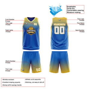 Traje de baloncesto reversible azul-amarillo y blanco personalizado para adultos y niños