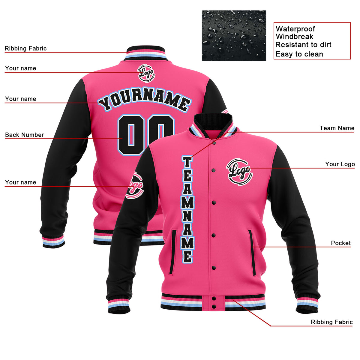 Chaquetas universitarias impermeables personalizadas en negro-rosa y azul claro con nombre-número y logotipo bordados