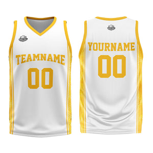 Uniforme de baloncesto personalizado blanco y naranja con tu logotipo-nombre y número impresos