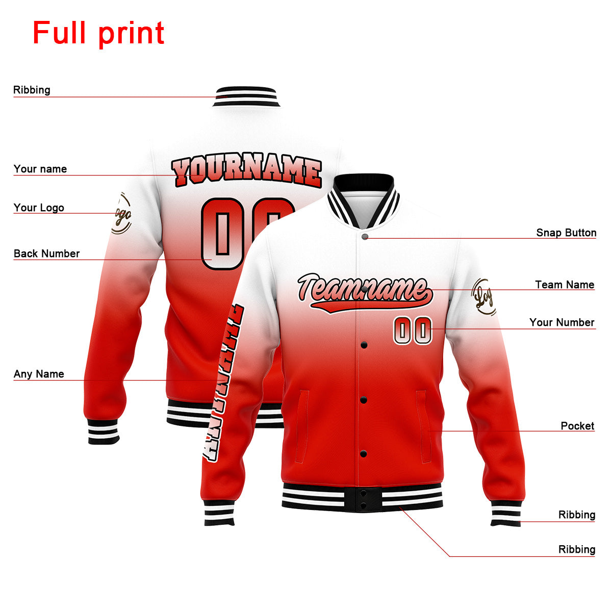 Chaqueta universitaria personalizada estilo Letterman para hombres-mujeres y jóvenes-color blanco y rojo