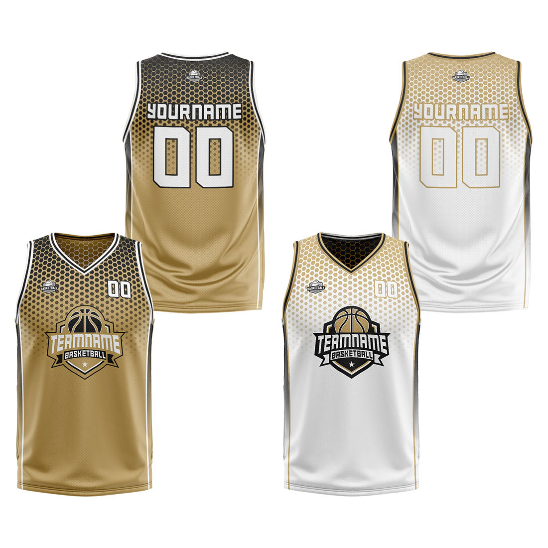 Traje de baloncesto reversible personalizado en oro antiguo-negro y blanco para adultos y niños