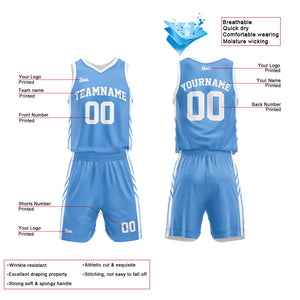 Uniforme de baloncesto personalizado azul claro y blanco con tu logotipo-nombre y número impresos