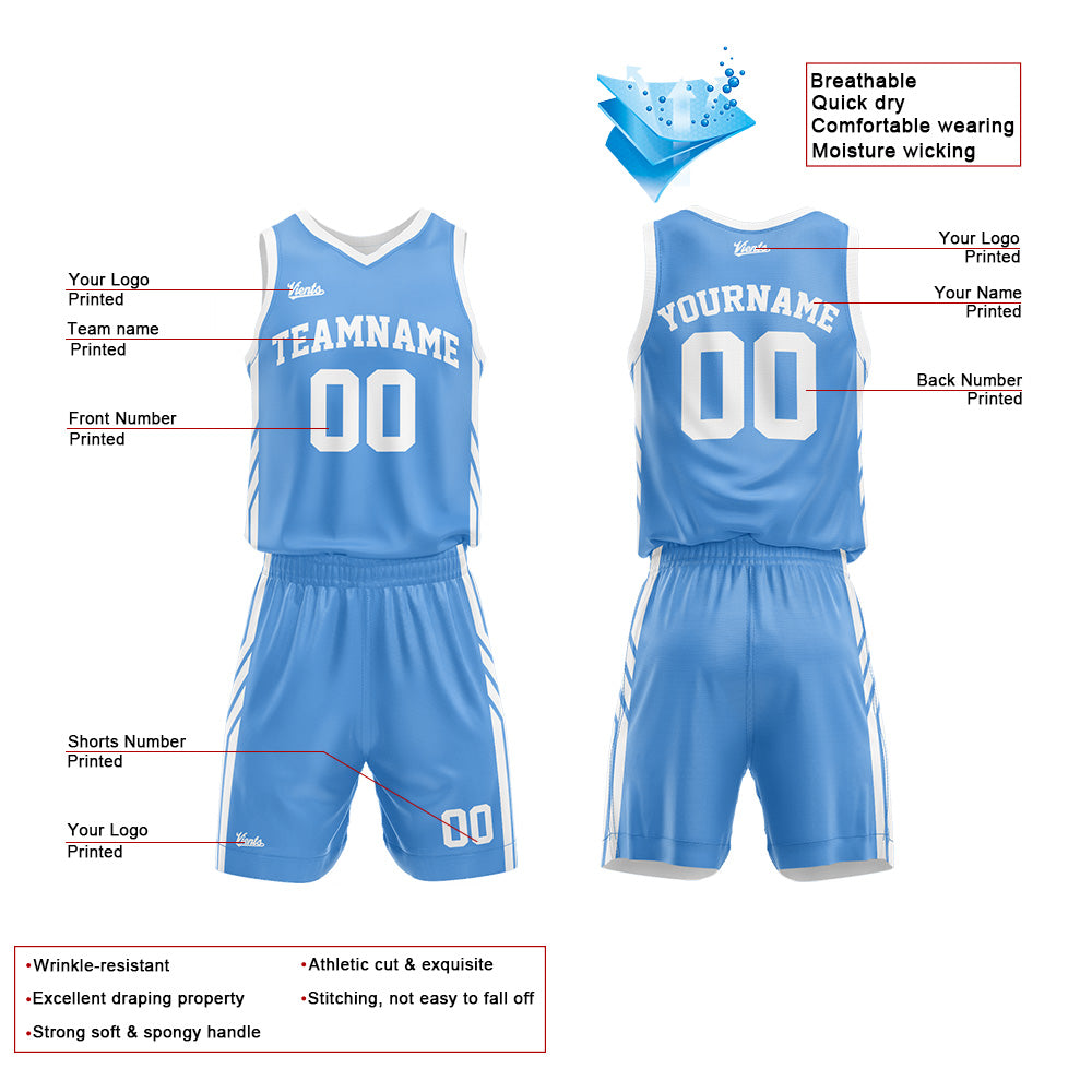 Uniforme de baloncesto personalizado azul claro y blanco con tu logotipo-nombre y número impresos