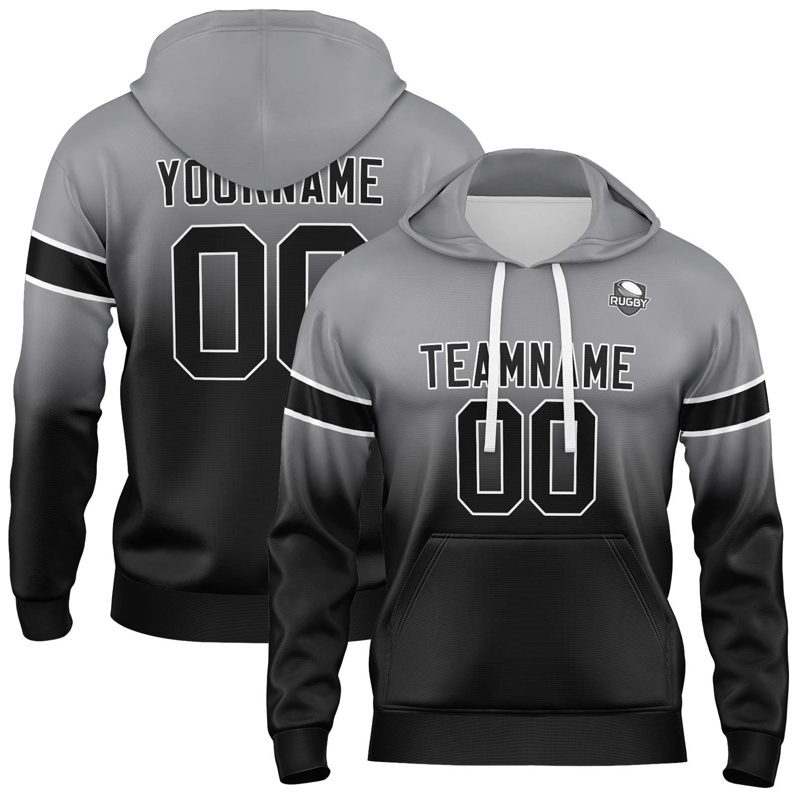Sudadera con capucha personalizada con degradado para hombre-mujer-niña o niño Estampa tu logotipo-nombre y número Gris y negro