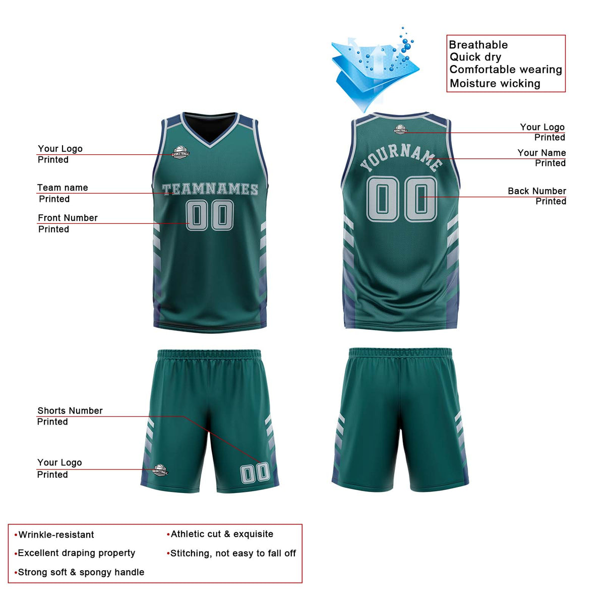 Traje de baloncesto reversible personalizado en verde medianoche-azul marino y gris para adultos y niños
