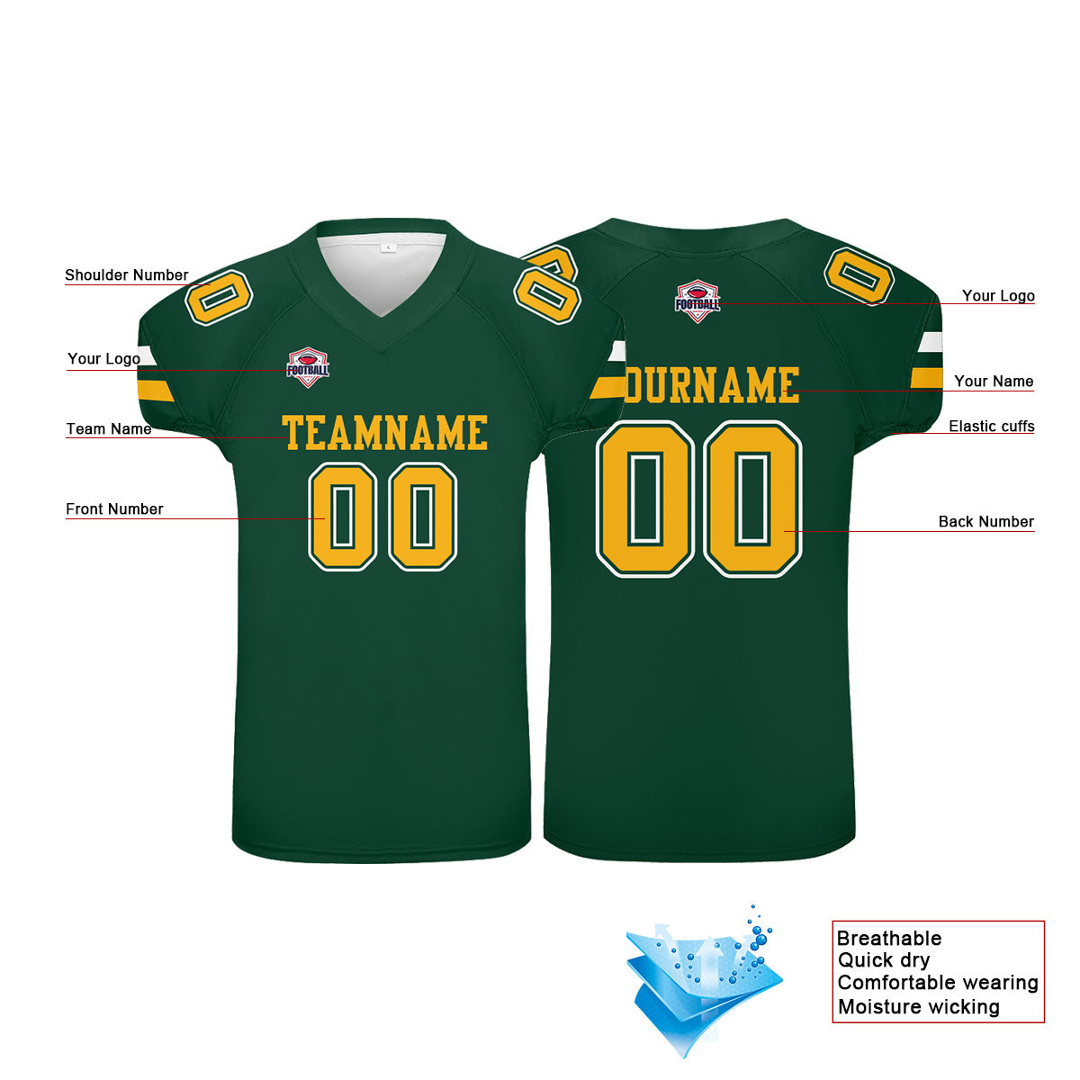 Camiseta de fútbol personalizada con nombre y número del equipo impresos en color verde