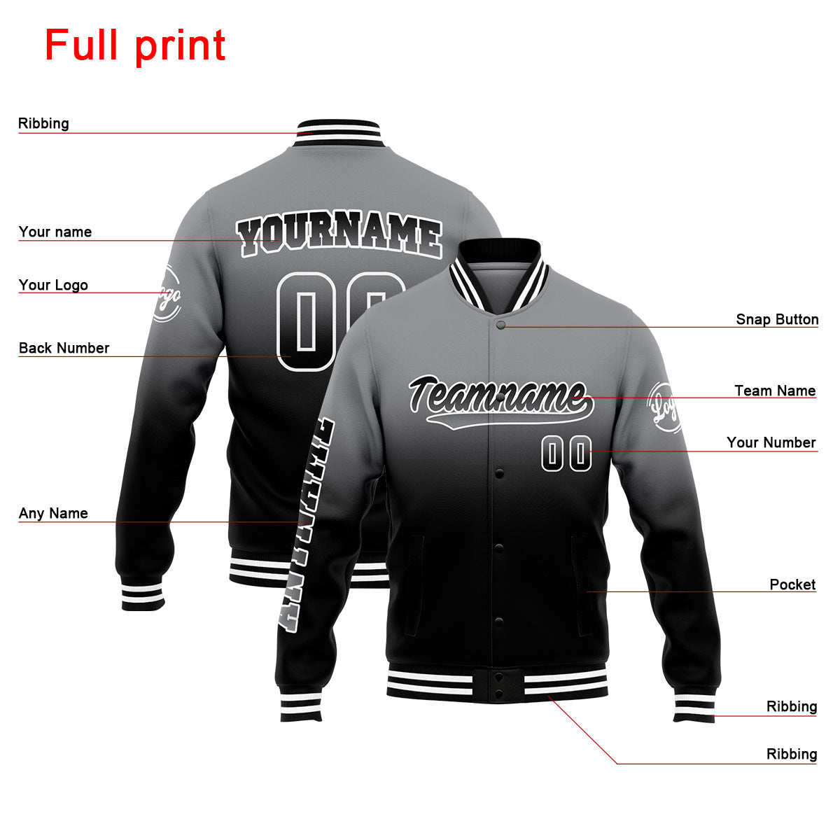 Chaqueta universitaria personalizada estilo Letterman para hombres-mujeres y jóvenes-color gris y negro