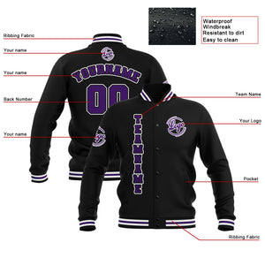 Chaquetas universitarias impermeables personalizadas en negro-morado y blanco con nombre-número y logotipo bordados