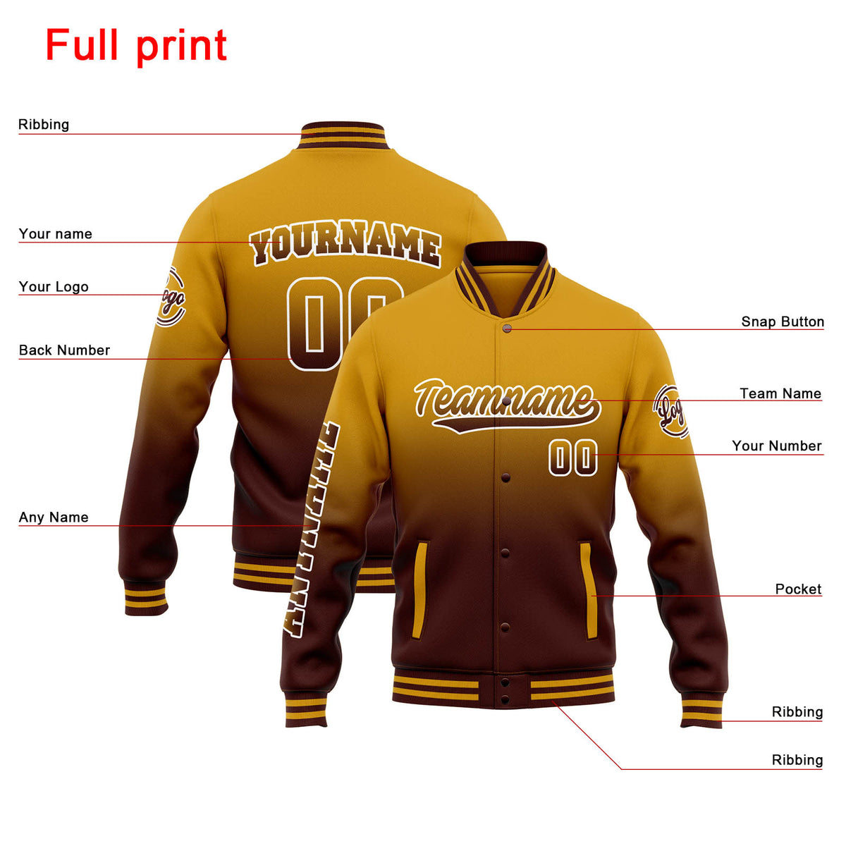Chaqueta universitaria personalizada estilo Letterman para hombres-mujeres y jóvenes-color dorado degradado burdeos