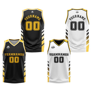 Traje de baloncesto reversible personalizado en negro-blanco y amarillo para adultos y niños