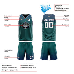 Traje de baloncesto reversible personalizado en verde-azul marino y gris para adultos y niños