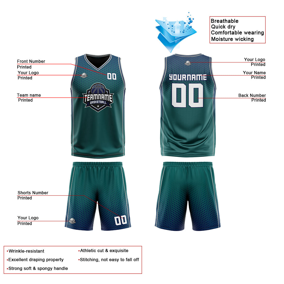 Traje de baloncesto reversible personalizado en verde-azul marino y gris para adultos y niños