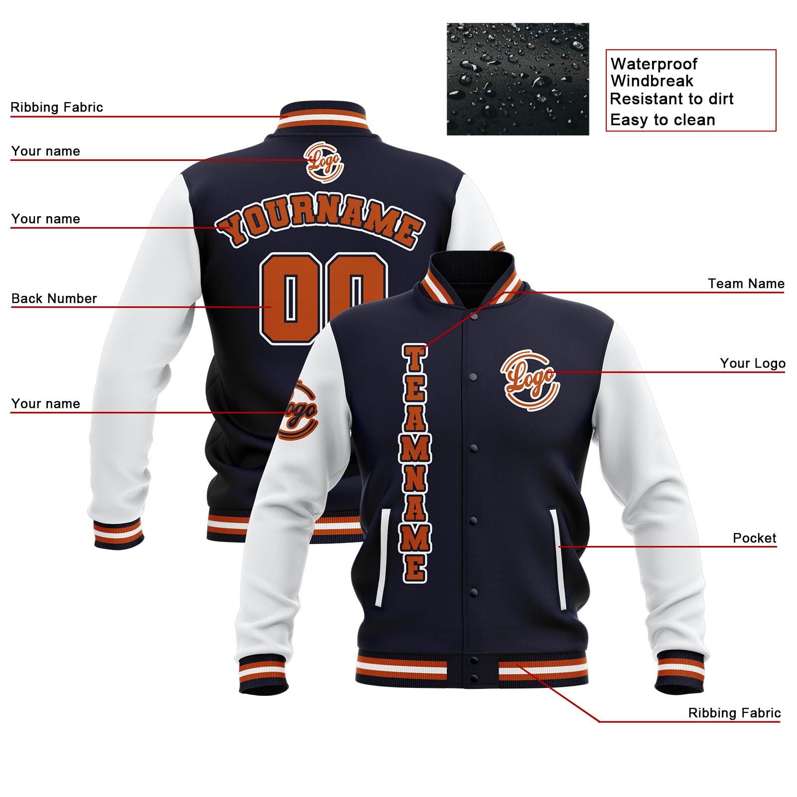 Chaquetas universitarias impermeables personalizadas en azul marino-blanco y naranja con nombre-número y logotipo bordados