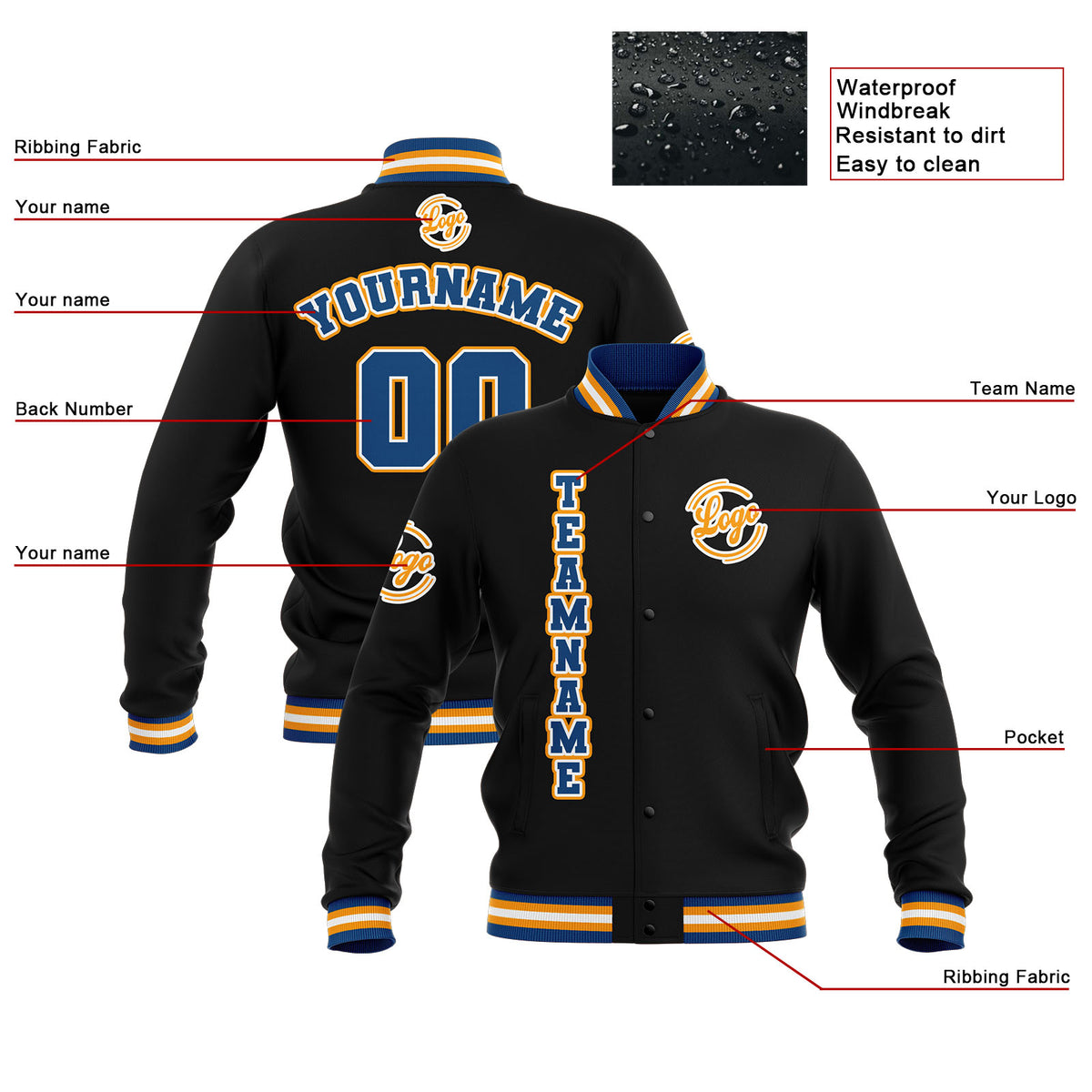 Chaquetas universitarias impermeables personalizadas en negro-azul y amarillo con nombre-número y logotipo bordados
