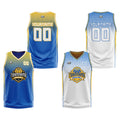 Traje de baloncesto reversible azul-amarillo y blanco personalizado para adultos y niños