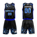 Uniforme de baloncesto personalizado negro y azul con cielo estrellado impreso con tu logotipo-nombre y número
