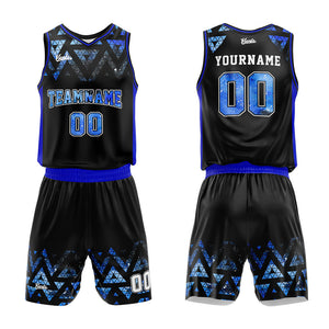 Uniforme de baloncesto personalizado negro y azul con cielo estrellado impreso con tu logotipo-nombre y número