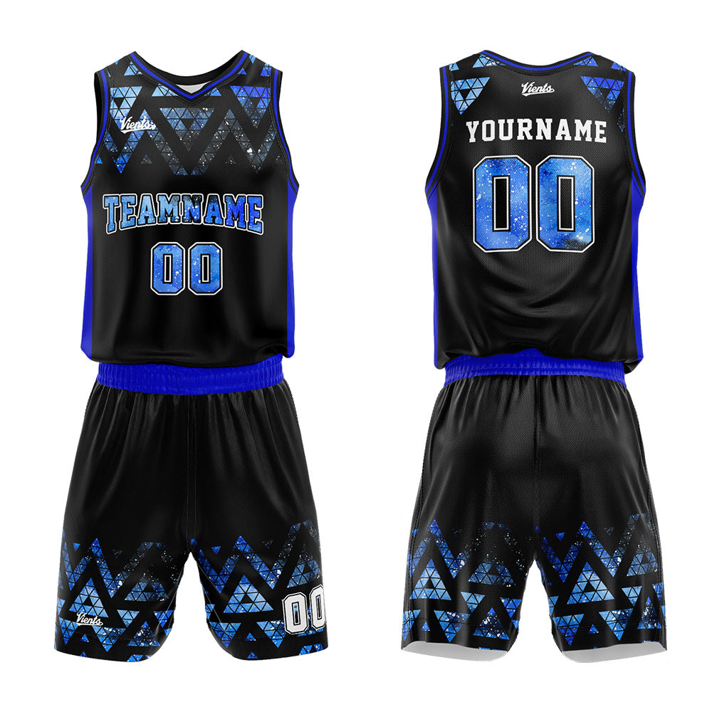 Uniforme de baloncesto personalizado negro y azul con cielo estrellado impreso con tu logotipo-nombre y número