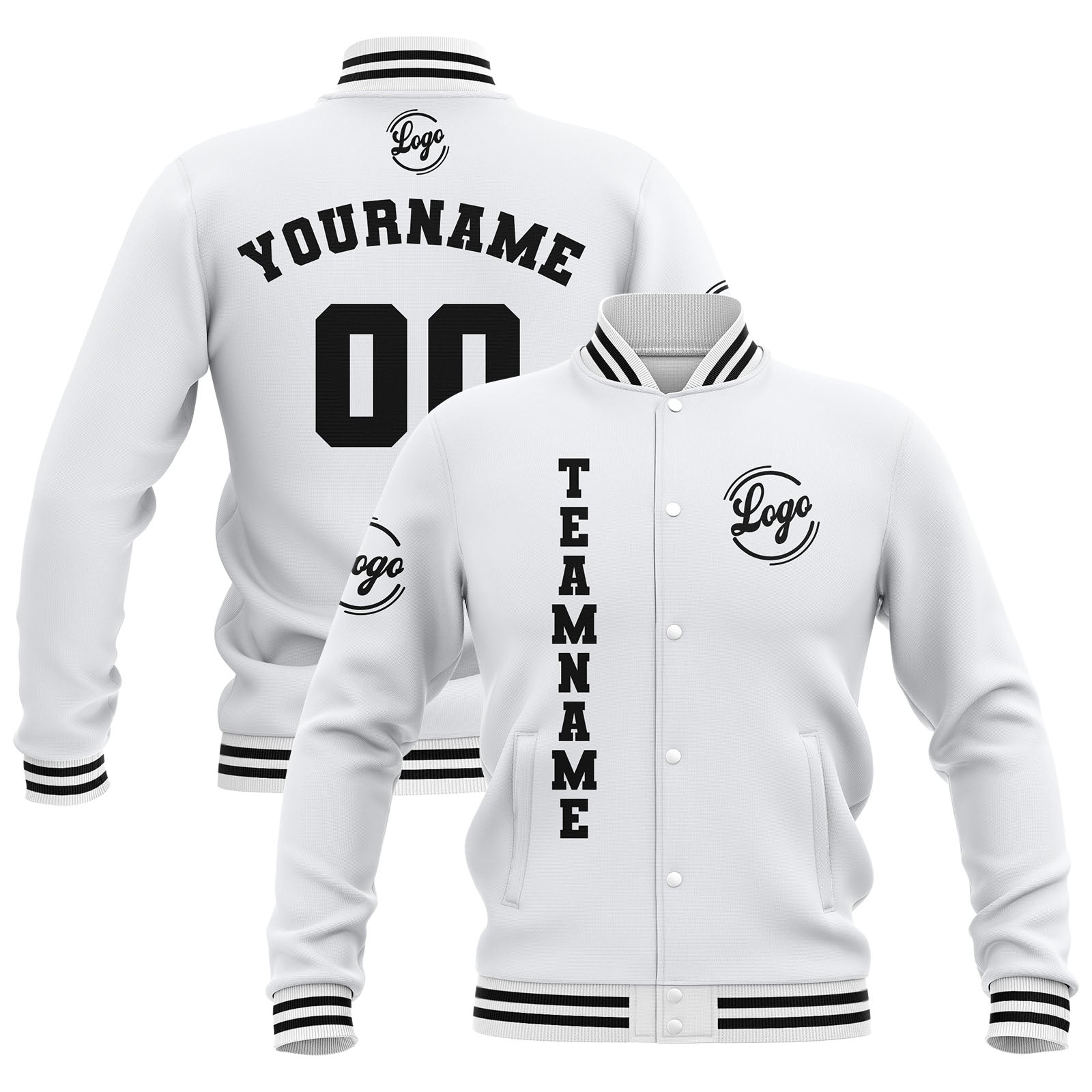 Chaquetas universitarias blancas impermeables personalizadas con nombre-número y logotipo bordados a medida