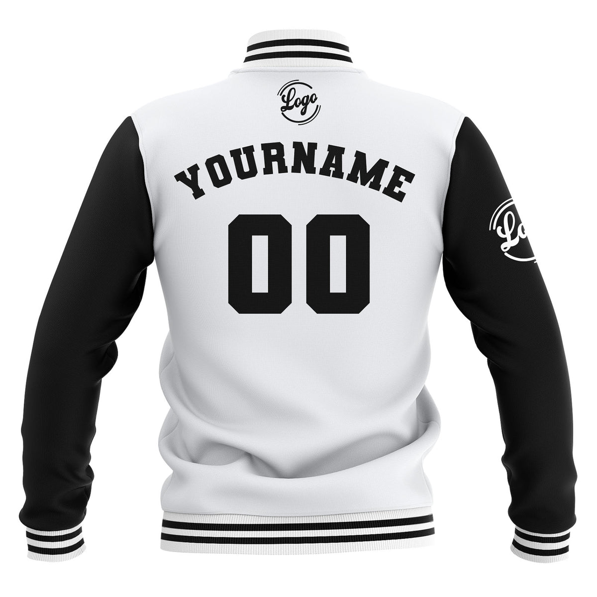 Chaquetas universitarias impermeables blancas y negras personalizadas con nombre-número y logotipo bordados a medida