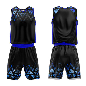 Uniforme de baloncesto personalizado negro y azul con cielo estrellado impreso con tu logotipo-nombre y número