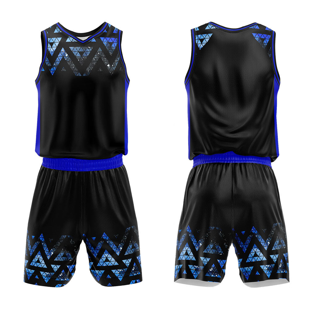 Uniforme de baloncesto personalizado negro y azul con cielo estrellado impreso con tu logotipo-nombre y número