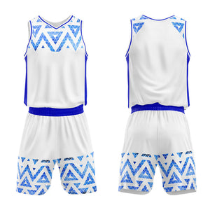 Uniforme de baloncesto personalizado blanco y azul con cielo estrellado impreso con tu logotipo-nombre y número