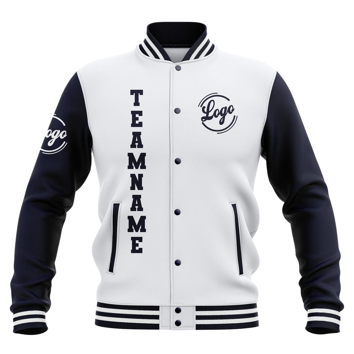 Chaquetas universitarias impermeables blancas y azul marino personalizadas con nombre-número y logotipo bordados a medida