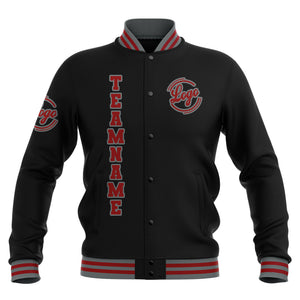 Chaquetas universitarias impermeables personalizadas en negro-rojo y gris con nombre-número y logotipo bordados