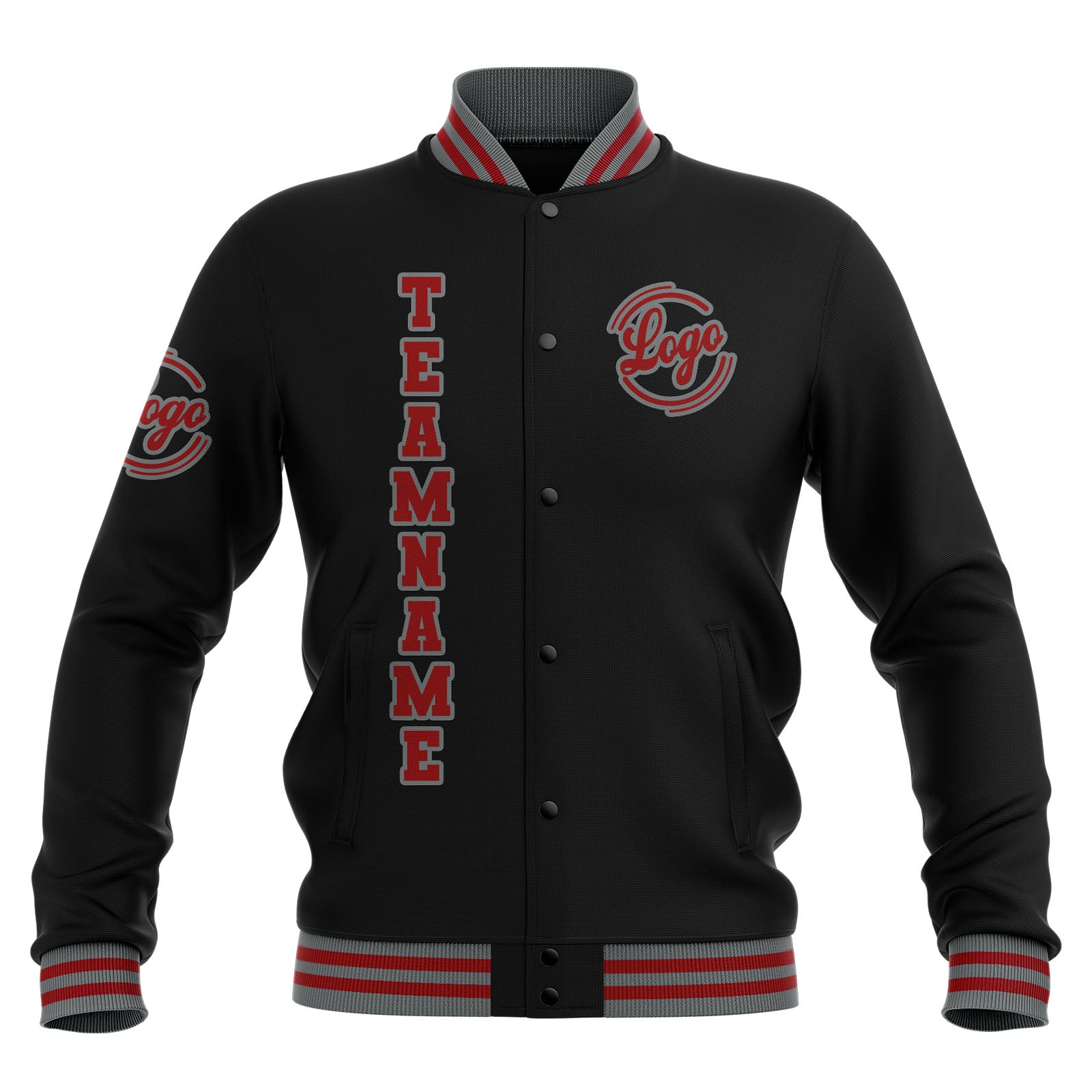 Chaquetas universitarias impermeables personalizadas en negro-rojo y gris con nombre-número y logotipo bordados