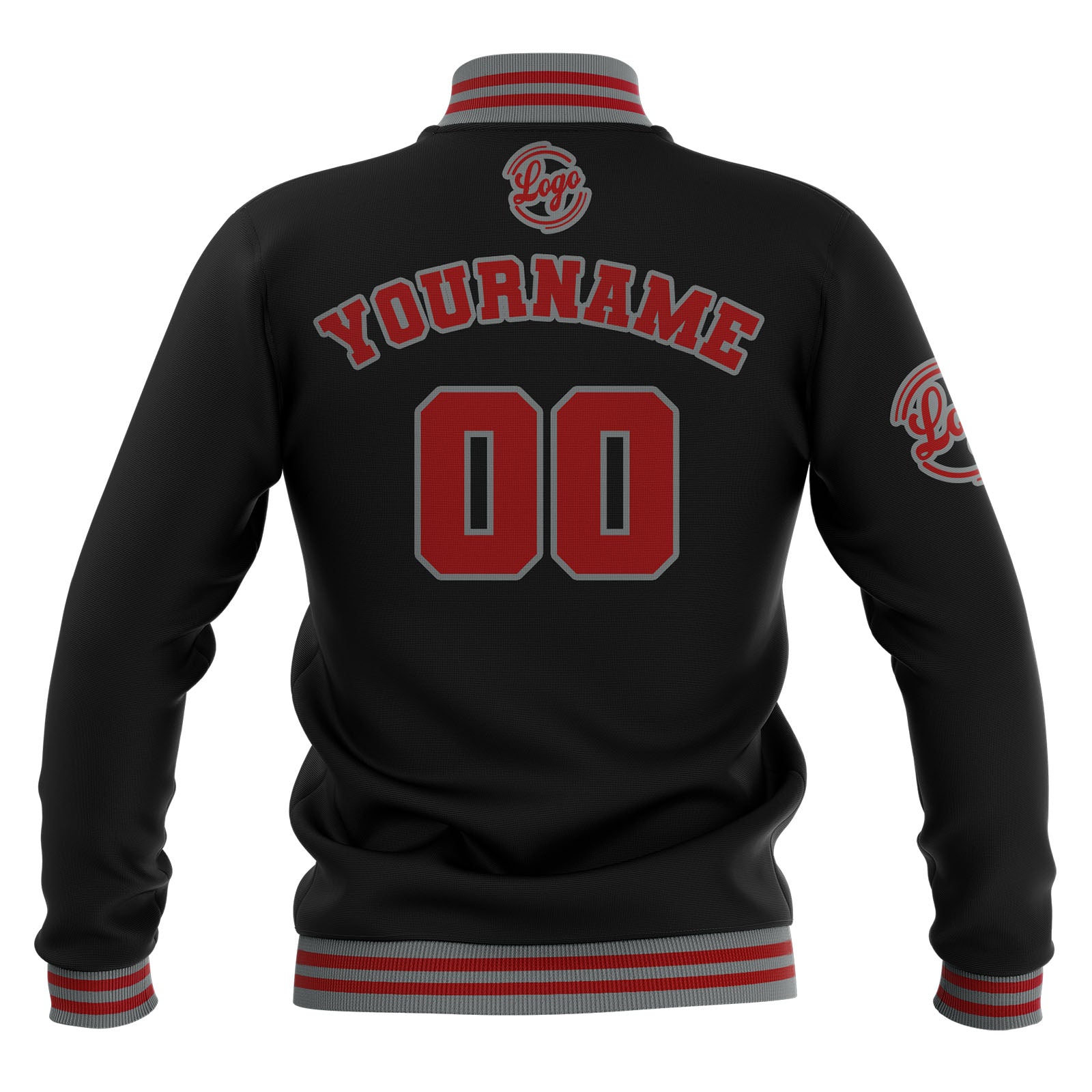 Chaquetas universitarias impermeables personalizadas en negro-rojo y gris con nombre-número y logotipo bordados