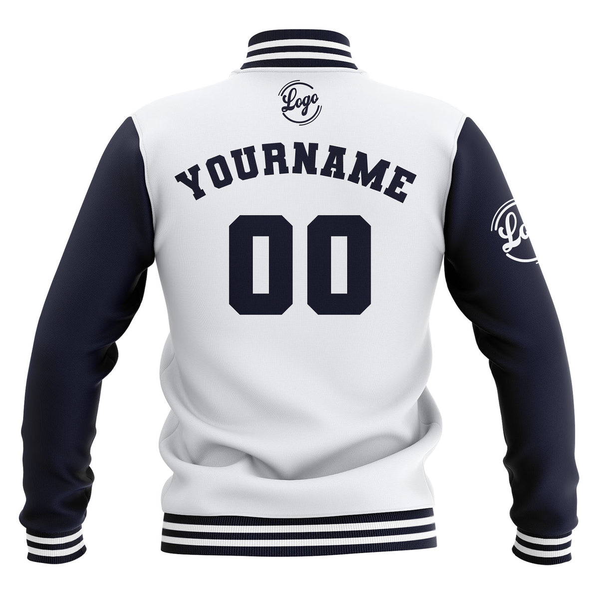 Chaquetas universitarias impermeables blancas y azul marino personalizadas con nombre-número y logotipo bordados a medida