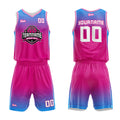 Uniforme de baloncesto personalizado rosa fucsia y azul con tu logotipo-nombre y número impresos