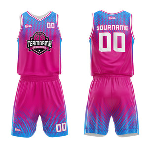 Uniforme de baloncesto personalizado rosa fucsia y azul con tu logotipo-nombre y número impresos