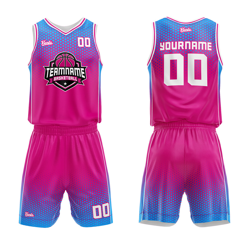 Uniforme de baloncesto personalizado rosa fucsia y azul con tu logotipo-nombre y número impresos