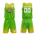 Uniforme de baloncesto personalizado verde y amarillo con tu logotipo-nombre y número impresos