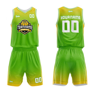 Uniforme de baloncesto personalizado verde y amarillo con tu logotipo-nombre y número impresos