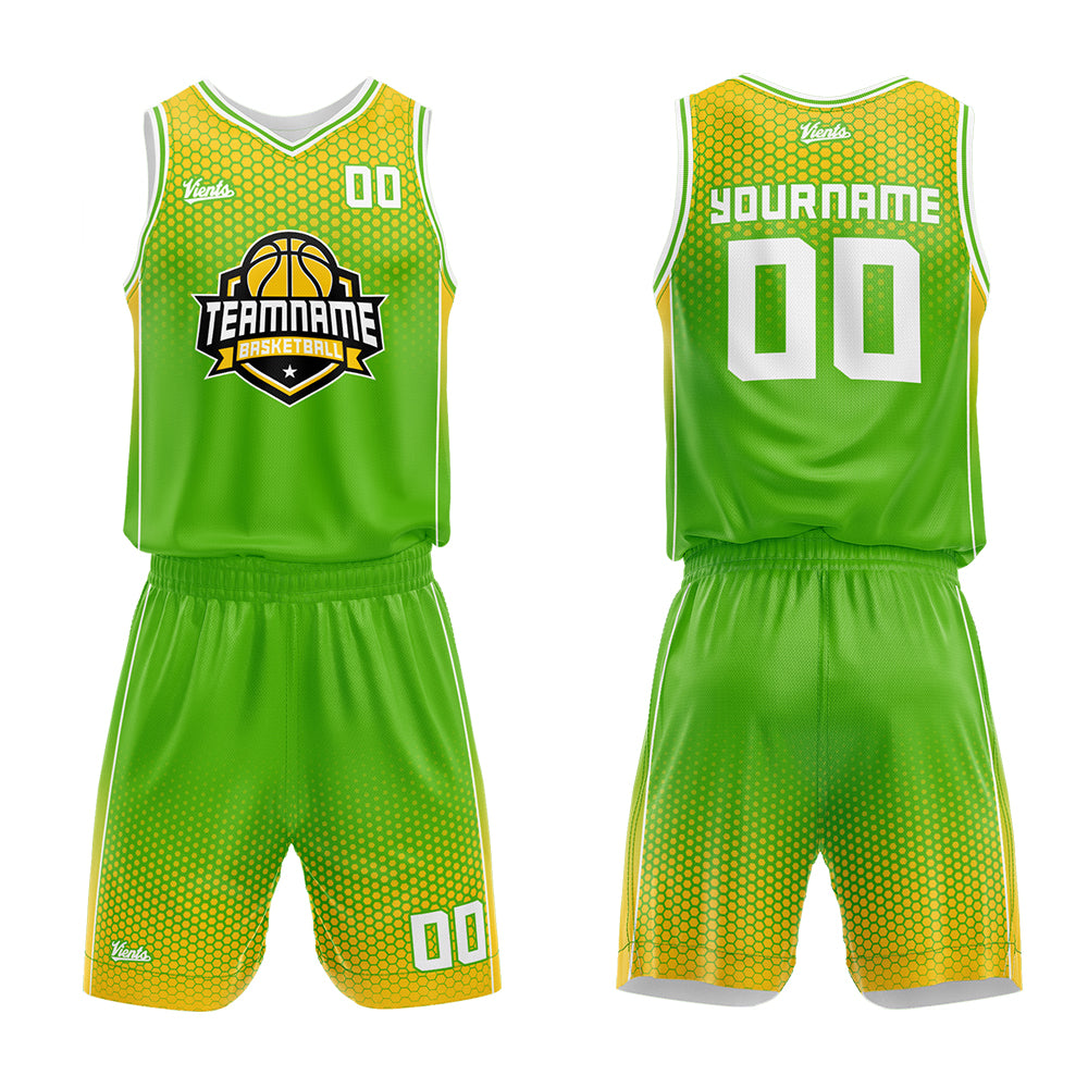 Uniforme de baloncesto personalizado verde y amarillo con tu logotipo-nombre y número impresos