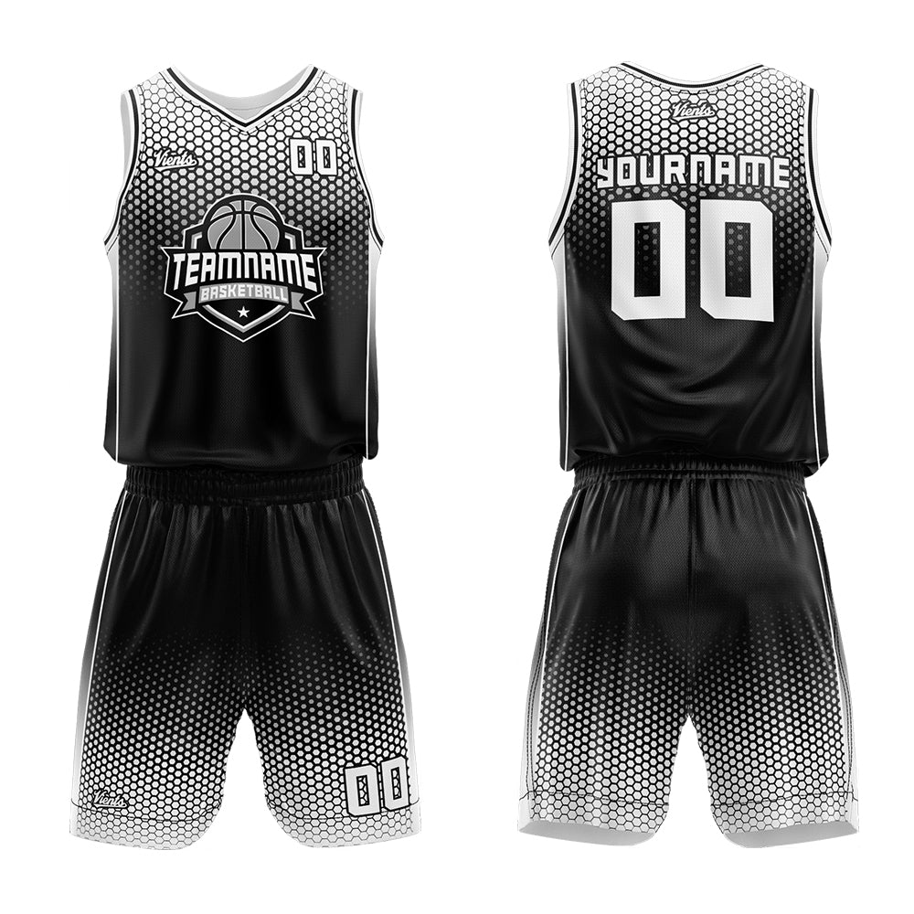 Uniforme de baloncesto personalizado en blanco y negro con tu logotipo-nombre y número impresos