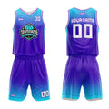 Uniforme de baloncesto personalizado en color morado claro y azul claro con tu logotipo-nombre y número impresos