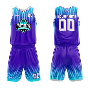 Uniforme de baloncesto personalizado en color morado claro y azul claro con tu logotipo-nombre y número impresos