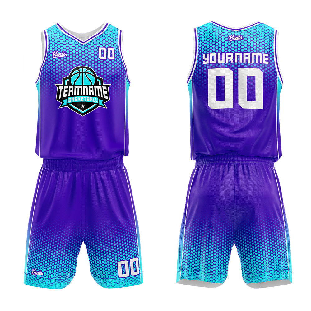 Uniforme de baloncesto personalizado en color morado claro y azul claro con tu logotipo-nombre y número impresos