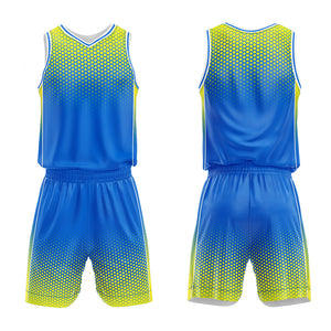 Uniforme de baloncesto personalizado azul y amarillo con tu logotipo-nombre y número impresos