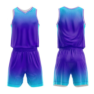 Uniforme de baloncesto personalizado en color morado claro y azul claro con tu logotipo-nombre y número impresos