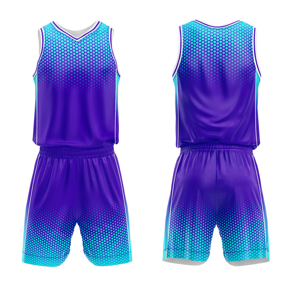 Uniforme de baloncesto personalizado en color morado claro y azul claro con tu logotipo-nombre y número impresos
