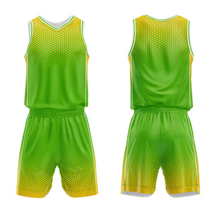 Uniforme de baloncesto personalizado verde y amarillo con tu logotipo-nombre y número impresos