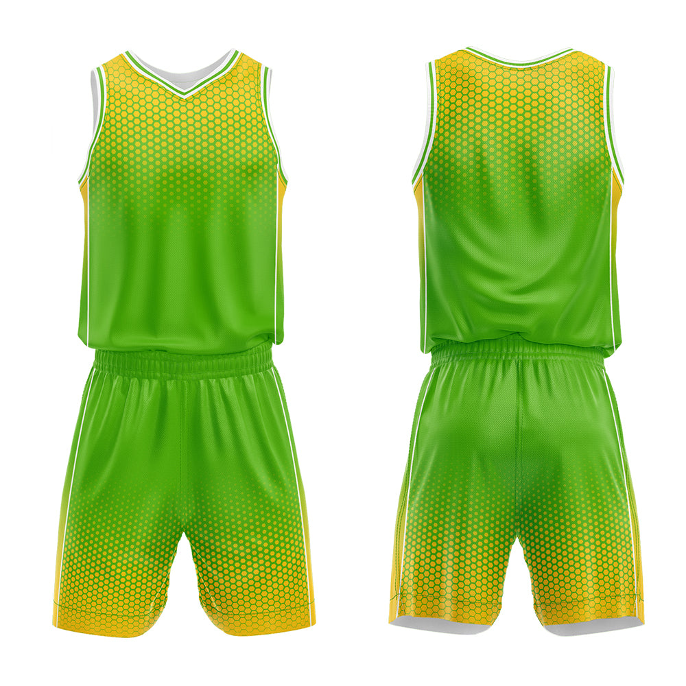 Uniforme de baloncesto personalizado verde y amarillo con tu logotipo-nombre y número impresos