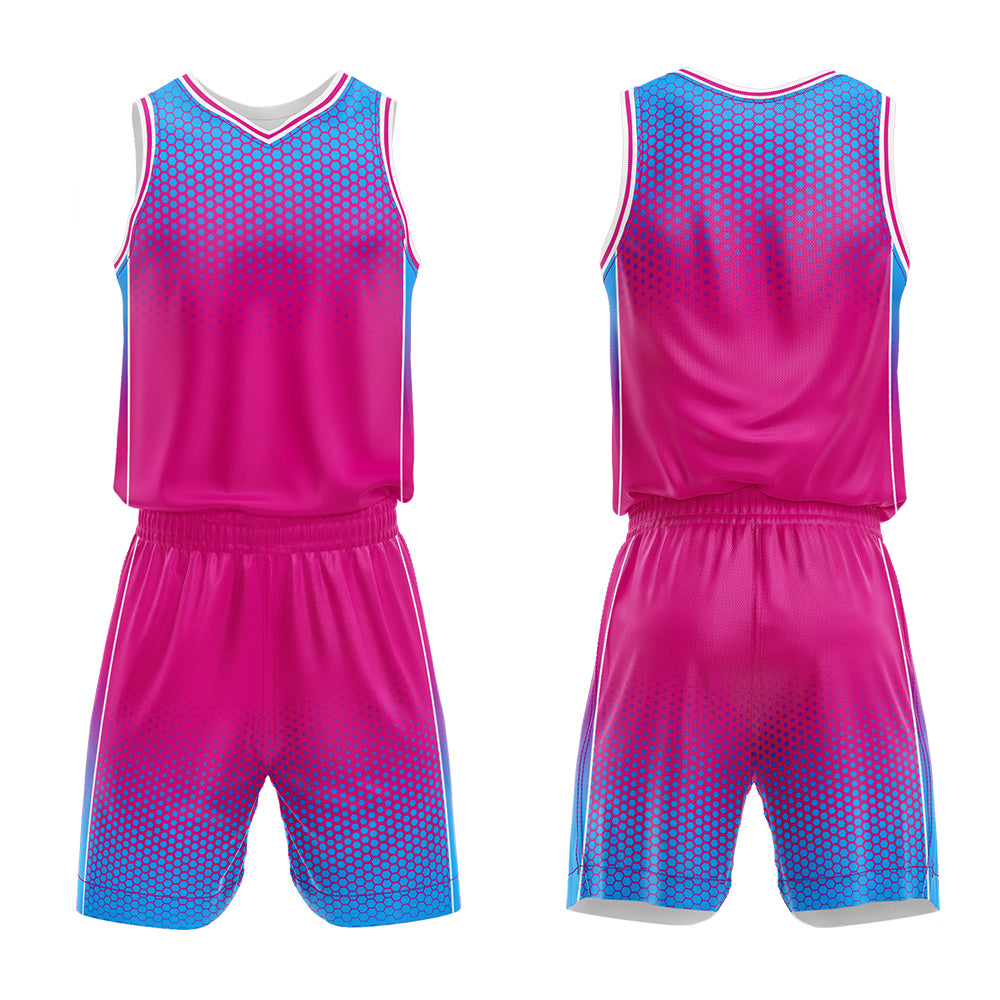 Uniforme de baloncesto personalizado rosa fucsia y azul con tu logotipo-nombre y número impresos